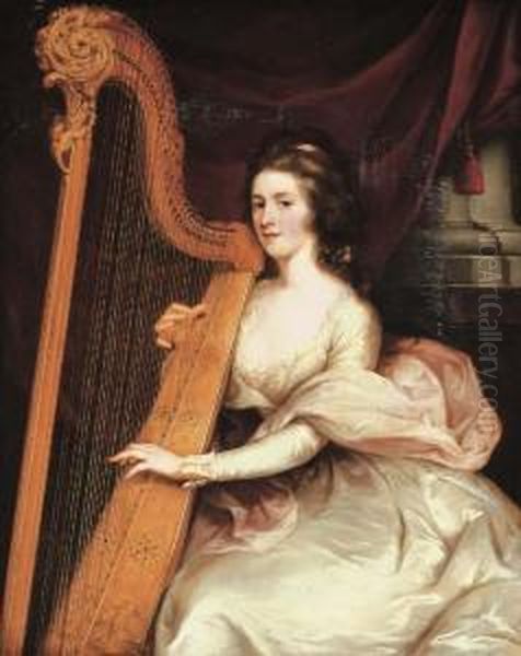 Portrait Of Lady Jane Mildmay, 
Seated Three-quarter-length, In Awhite Silk Dress Playing The Harp Oil Painting by John Francis Rigaud