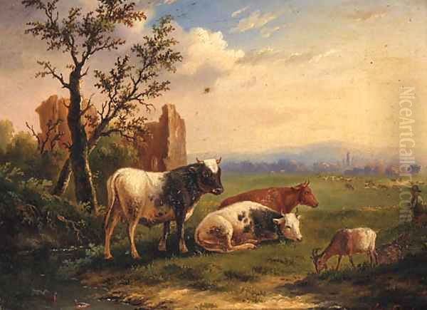 Cattle With A Goat In A Meadow Oil Painting by Charles Desan