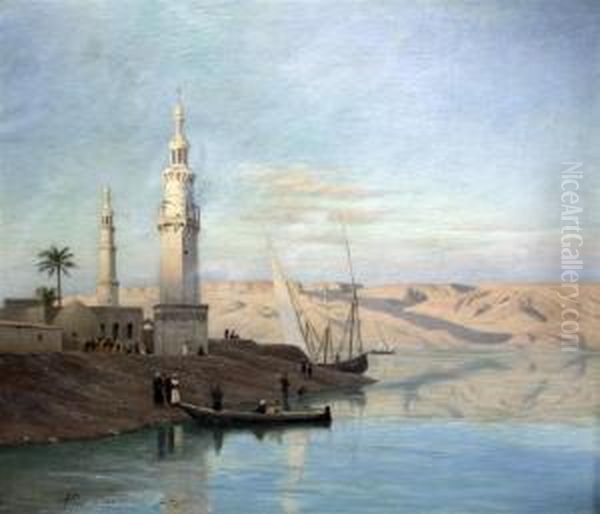 Mosque On The Nile Oil Painting by Andreas Christian Riis Carstensen