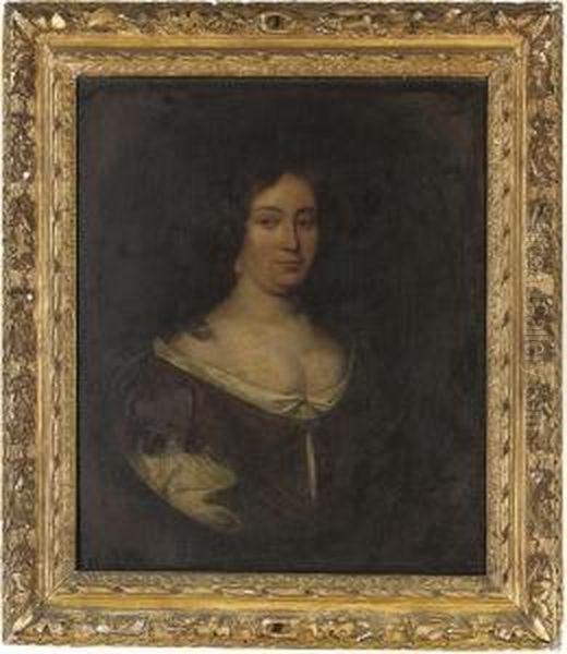Portrait Of A Lady, Half-length,
 In Classical Brown Dress Withpearl Ornaments, In A Feigned Oval Oil Painting by John Riley