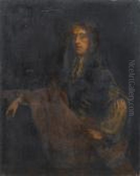 Portrait Of A Gentleman, 
Three-quarter-length, In A Blue Coat, A Brown Wrap And White Lace Jabot Oil Painting by John Riley