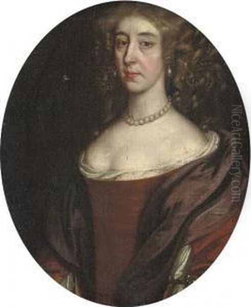 Portrait Of A Lady, Half-length,
 In A Brown Dress And Brown Wrap, With A Pearl Necklace And Earrings Oil Painting by John Riley
