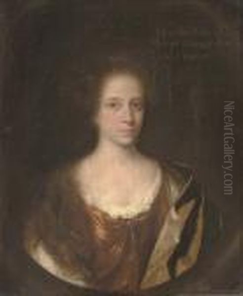 Portrait Of Martha Gregge, 
Bust-length, In A Red Dress With A Black And Yellow Wrap, In A Sculpted 
Cartouche Oil Painting by John Riley
