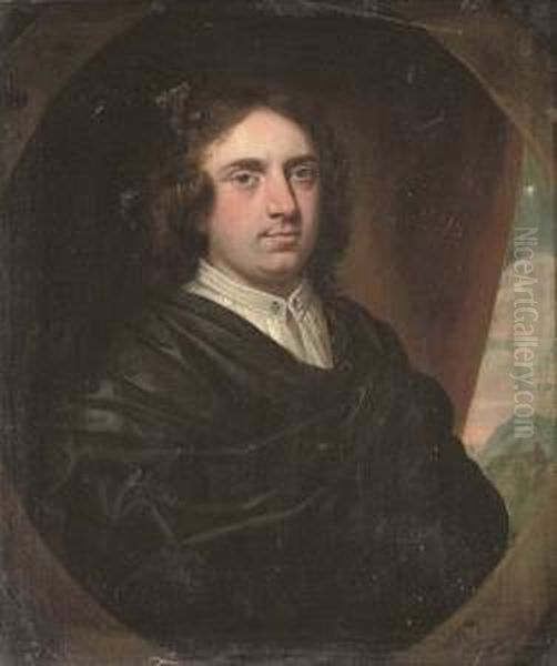 Portrait Of Sir Humphrey Fynch, 
Half-length, In A Dark Green Robe And White Shirt, A Curtain And 
Landscape Beyond, In A Feigned Oval Oil Painting by John Riley