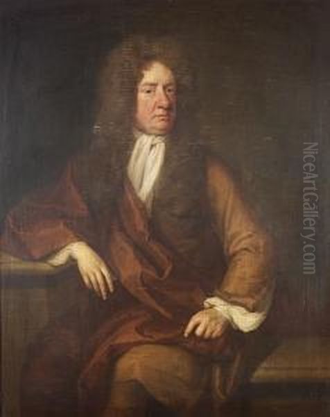 Portrait Of A Gentleman, 
Three-quarter Length, In A Brown Coat, Maroon Robe And White Jabot, 
Seated On A Stone Bench Beside A Stone Plinth Oil Painting by John Riley