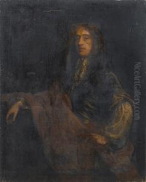 Portrait Of A Gentleman, 
Three-quarter-length, In A Blue Coat A Brown Wrap And White Lace Jabot Oil Painting by John Riley