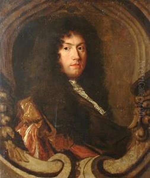 Portrait Of A Gentleman, 
Bust-length, With A Brown Wrap And A White Lace Jabot, In A Stone 
Cartouche Oil Painting by John Riley