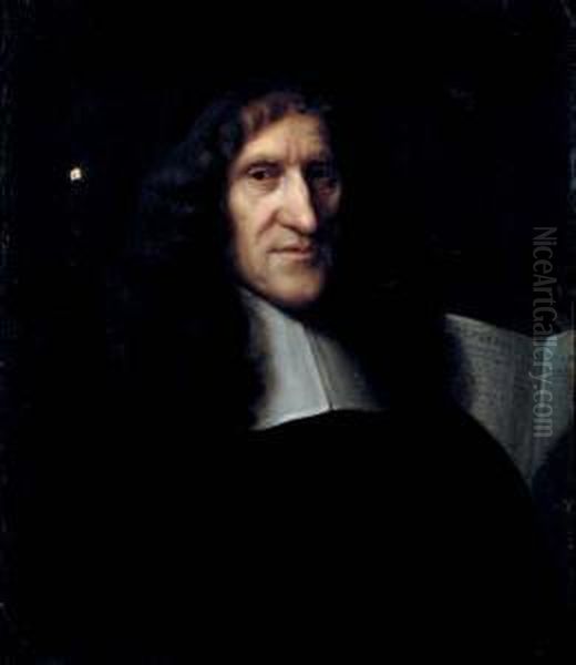 Portrait Of A Cleric, 
Bust-length, In White Stock With The Book Of The Apocalypse And An 
Hourglass Oil Painting by John Riley