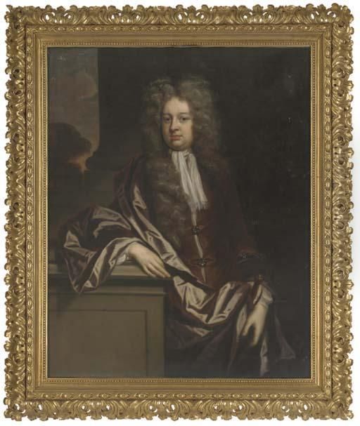 Portrait Of A Gentleman, 
Three-quarter-length, In A Brown Coat Andwrap, His Right Arm Resting On A
 Plinth, A Landscape Beyond Oil Painting by John Riley