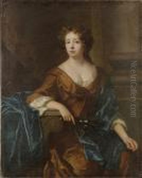 Portrait Of A Lady, Said To Be 
Lady Fanshawe, Three-quarter-length, In A Brown Dress With A Blue Shawl,
 Holding A Posy, Before A Column Oil Painting by John Riley