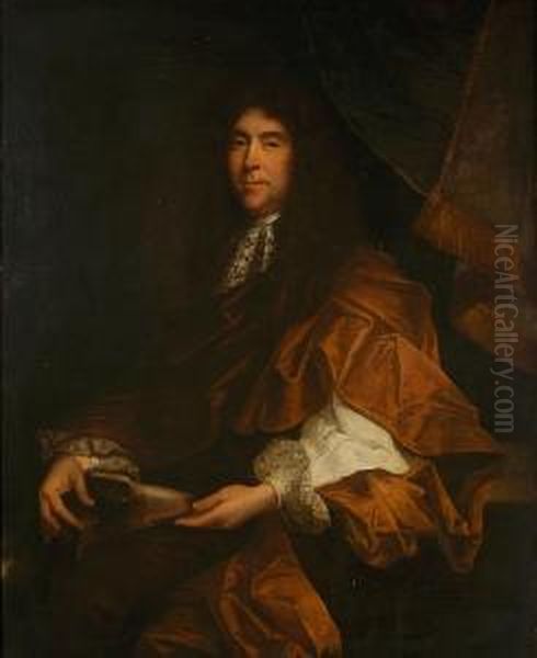 Portrait Of James Gulston Of 
Widial, Three-quarter Length, Seated With His Dog, With Tassled Curtain 
And Landscape Beyond Oil Painting by John Riley