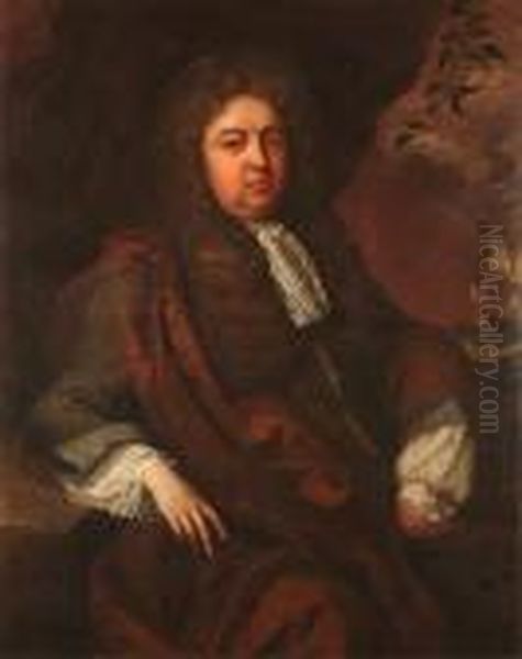 Portrait Of A Gentleman, Said To
 Be Sir John Berry, Three-quarter-length, In A Dark Green Coat With A 
Brown Wrap And A White Lace Stock, A Ship In The Distance; And A 
Portrait Of A Lady, Said To Be The Sister Of Sir John Berry, 
Three-quarter-lengt Oil Painting by John Riley