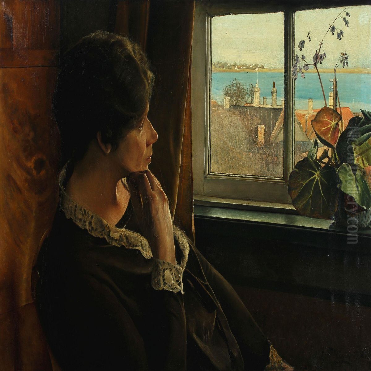 Interior With Woman 
Contemplating The View Over Sankt Jorgensbjerg And The Fjord Of Roskilde Oil Painting by Laurits Andersen Ring