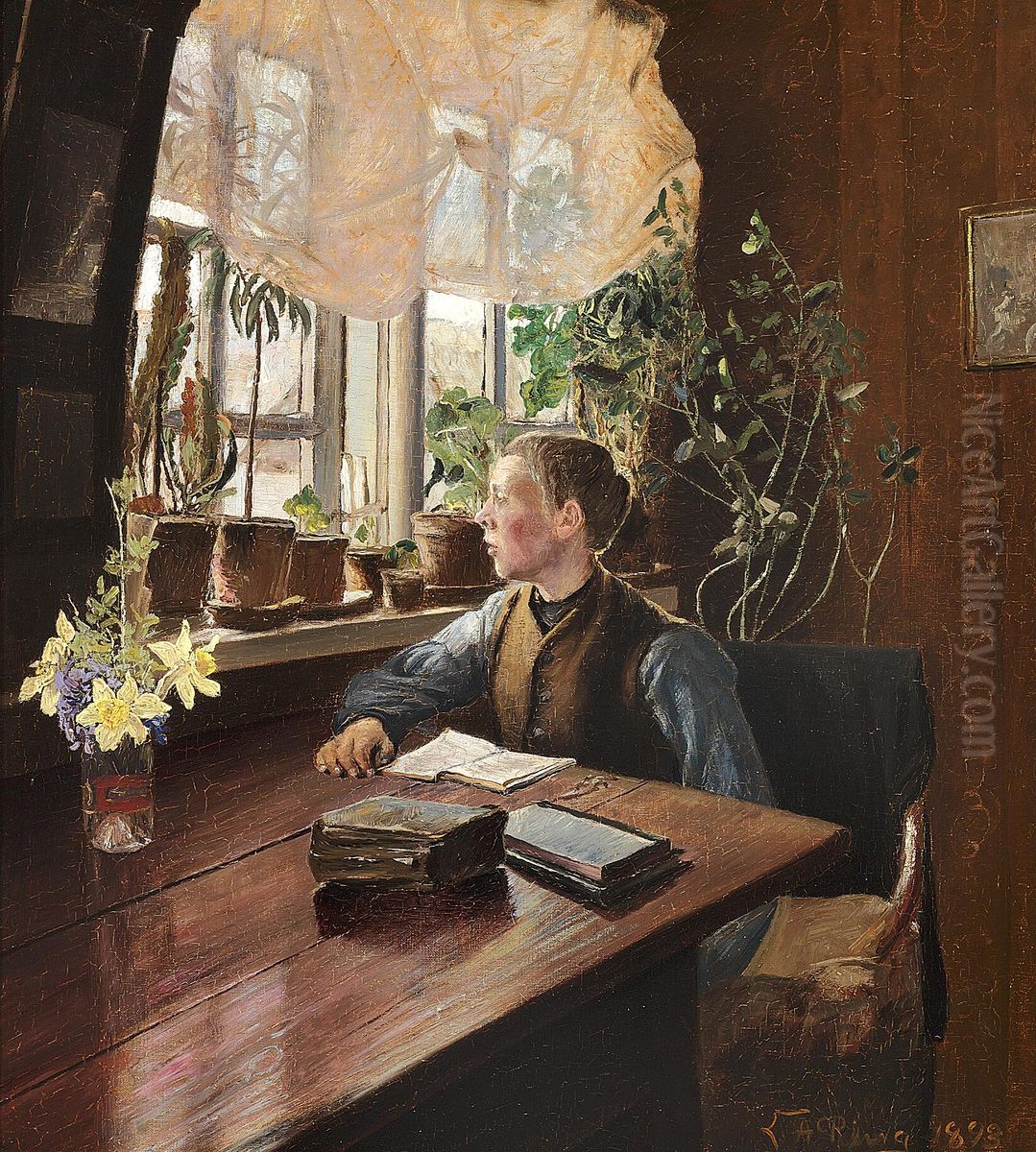 En Dreng, Der Laeser Lektier. Oil Painting by Laurits Andersen Ring