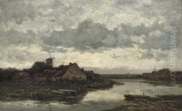 Avondstond Bij Megen: A Small Village Near A River Oil Painting by Willem Cornelis Rip