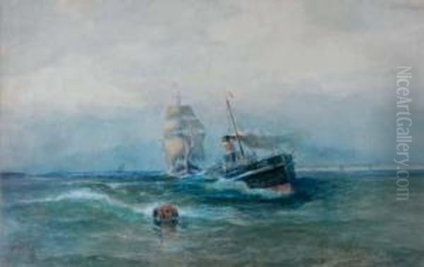 Towing The Sailing Vessel Out At Sea Oil Painting by William Frederick Ritschel