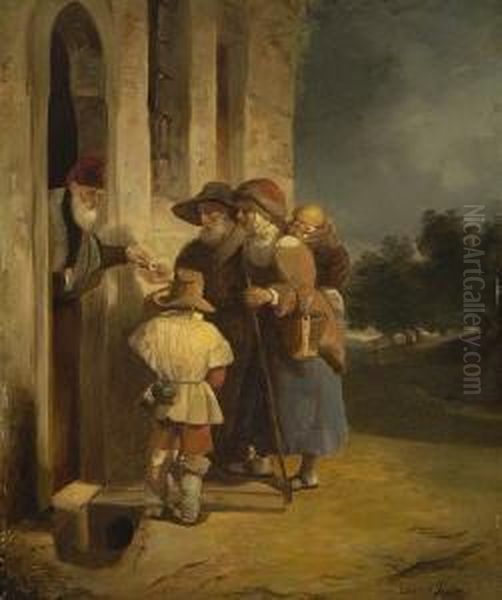 Bettlerfamilie An Der
 Hausture. Oil Painting by Eduard Ritter