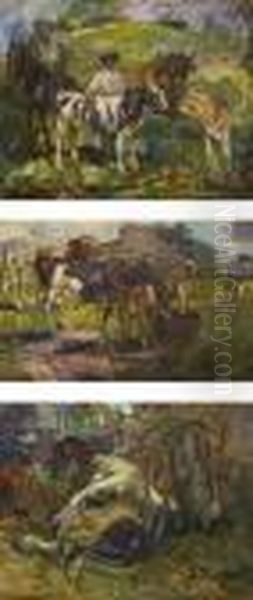 Nella Stalla 
Vacche Al Pascolo
Contadino Con Vacche E Vitello Oil Painting by Giuseppe Rivaroli