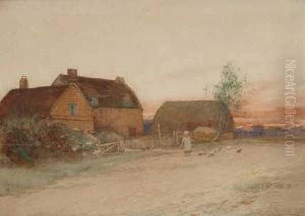 A Farmstead At Sunset. Oil Painting by Leopold Rivers