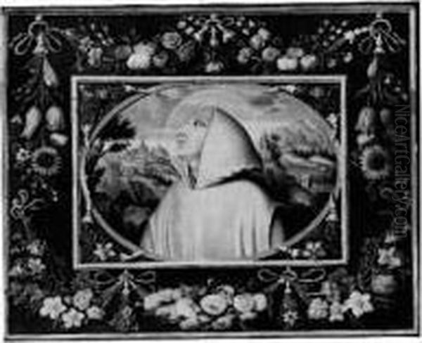 Tete De Saint Bruno Sur Fond De Paysage, Entouree D'une Guirlande
 De Fleurs Oil Painting by Nicolas Robert