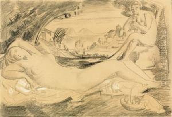 Ruhende Venus Mit Flotenspieler. Oil Painting by Theophile Paul Robert