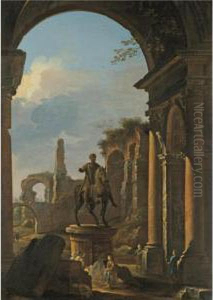 A Capriccio Of Roman Ruins With 
Figures By An Equestrian Statue Of Emperor Marcus Aurelius Oil Painting by Domenico Roberti