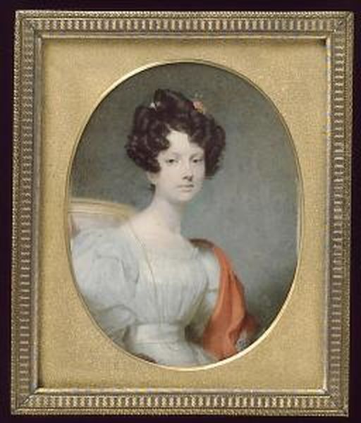 Mrs. William Josh Cottman, 
Seated, Wearing White Dress, Long Gold Chain Necklace And Vermilion-red 
Cloak Over Her Left Shoulder, A Matching Ribbon In Her Curled Dark Hair Oil Painting by Andrew Robertson