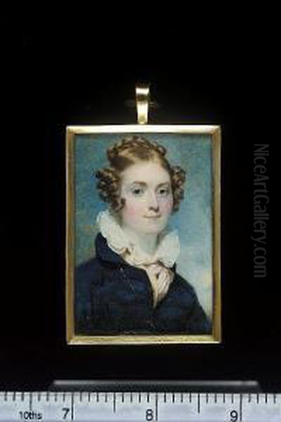 A Lady, Wearing Blue Coat With 
Black Frogging, Cream Waistcoat, Pink Cravat And White Ruff Collar, Her 
Hair In Ringlets And In A Plaited Bun Oil Painting by Andrew Robertson