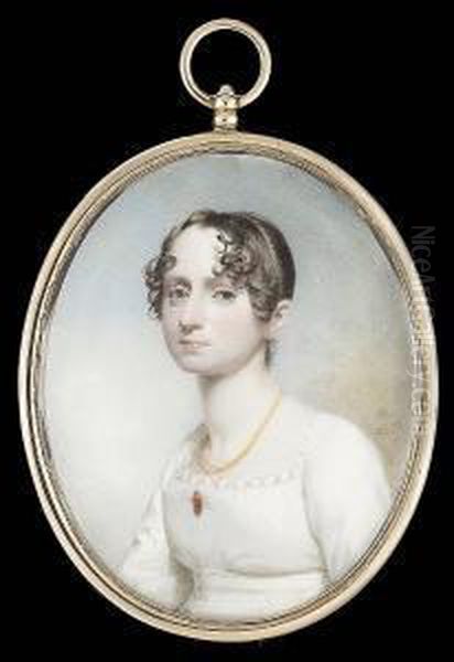 A Young Lady, Wearing White 
Dress With Scalloped Trim, Gold Mounted Ruby Brooch And Multi-strand 
Gold Necklace Oil Painting by Andrew Robertson