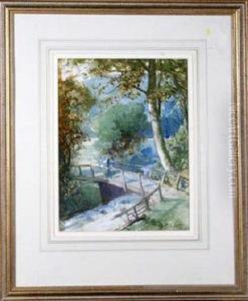 A River Landscape With A Woman Crossing A Wooden Bridge Oil Painting by David Robertson