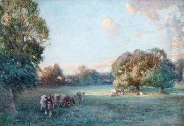 Cattle Grazing In A Summer Meadow Oil Painting by David Robertson
