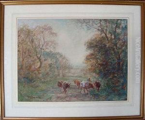 Cattle On A Woodland Path In Autumn Oil Painting by David Robertson
