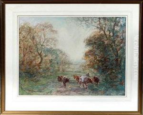 A Woman Driving Cattle Along A Woodland Path Oil Painting by David Robertson