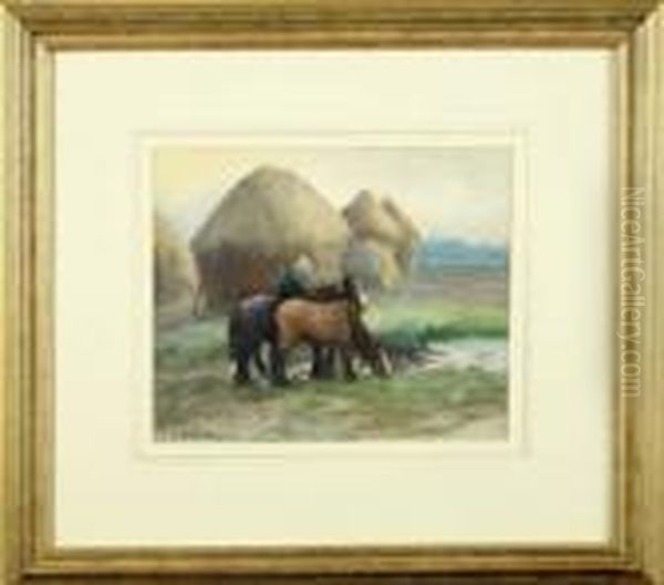 A Farmer And Two Horses At A Pool With Haystacks Beyond Oil Painting by David Robertson