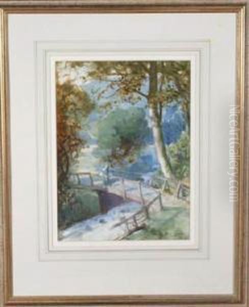 A Female Figure Crossing A Rustic Bridge Oil Painting by David Robertson