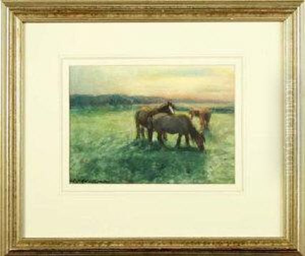 Horses In A Meadow At Dusk Oil Painting by David Robertson