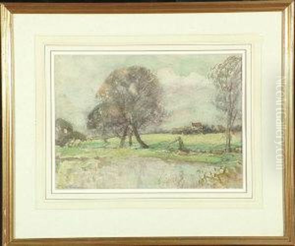 A Country Scene With Trees By A Pool And A Farmhouse In The Distance Oil Painting by David Robertson