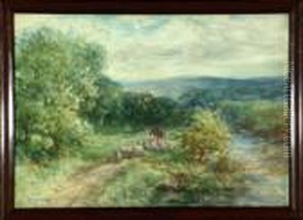 A Shepherd On A Horse Driving His Flock Along A Riverside Path Oil Painting by David Robertson