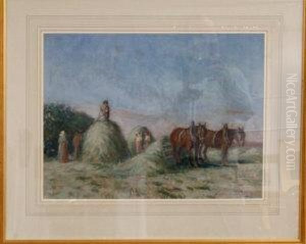 Figures And Horses In A Hayfield Oil Painting by David Robertson