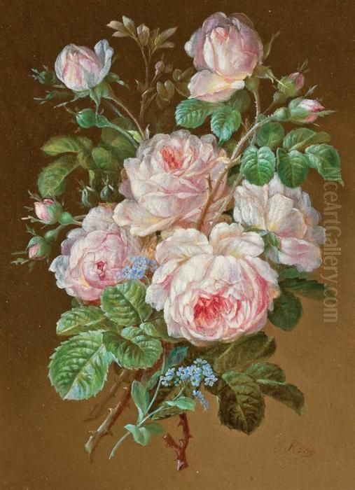 (2) A Pair 
Pink Roses 
Mixed Bouquet Oil Painting by Jean-Baptiste Robie