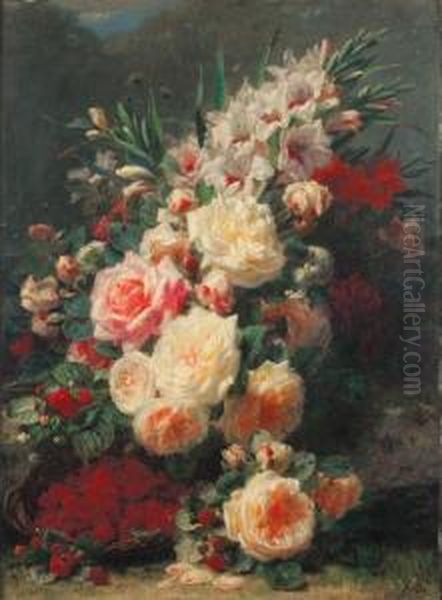 Bouquet De Fleurs Et Panier De Fraises Oil Painting by Jean-Baptiste Robie