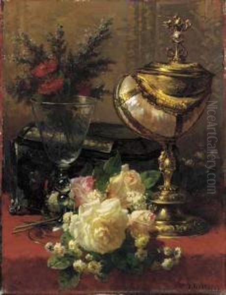 A Bouquet Of Roses And Other 
Flowers In A Glass Goblet With A Chinese Lacquer Box And A Nautilus Cup 
On A Red Velvet Draped Table Oil Painting by Jean-Baptiste Robie