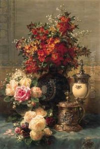 Roses, Anenomes And Peonies, 
Strawberries, A Silver-gilt Ostrichegg Cup And A German Gold-gilt 
Tankard On A Draped Table Oil Painting by Jean-Baptiste Robie