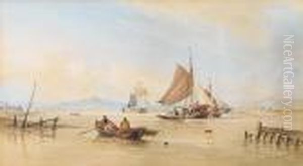 Barges And A Trading Brig At 
Work In Anestuary, With Fishermen Recovering Their Lobster Pots In 
Theforeground Oil Painting by Thomas Sewell Robins