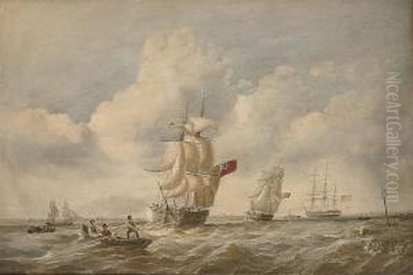 Two Merchantmen Heading Up An 
Estuary With An American Three-masterbeing Towed Out To Sea Oil Painting by Thomas Sewell Robins