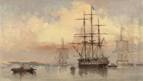 Shipping In A Calm Off Gilkicker Point (illustrated); And Shippinganchored Off Spithead Oil Painting by Thomas Sewell Robins
