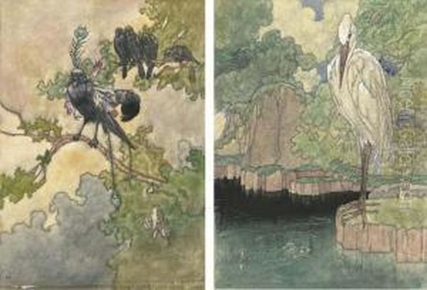 Illustrations For Aesop's 
Fables: The Jackdaw And The Birds; Andthe Heron (both Illustrated) Oil Painting by Charles Robinson