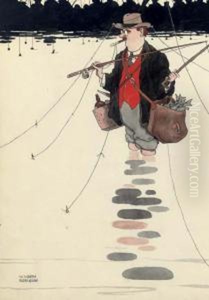 Unsportsmanlike Tactics Of A 
Competitor At A Recent Fishing Tournament On Hampstead Ponds Oil Painting by William Heath Robinson