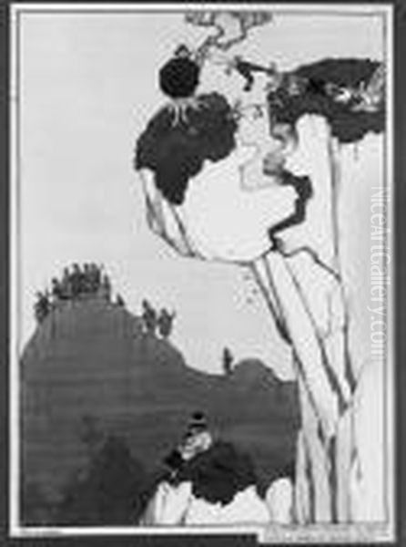High Minded Youth Imperilling 
His Sense Of Modesty To Avert Animpending Disaster To A Prominent Member
 Of Tyrolean Society Oil Painting by William Heath Robinson