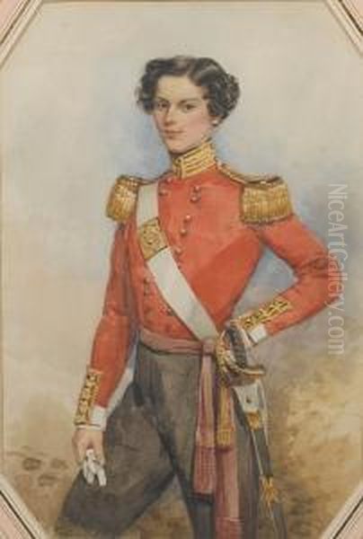 An Officer Of The 96th Regiment 
Of Foot,wearing Double-breasted Red Coatee With Gold Epaulettes And 
Collar,white Cuffs, Black Breeches, Crimson Sash Tied At His Waist, 
Whitecross Belt, The Belt Plate Bearing Oil Painting by Francois Theodore Rochard